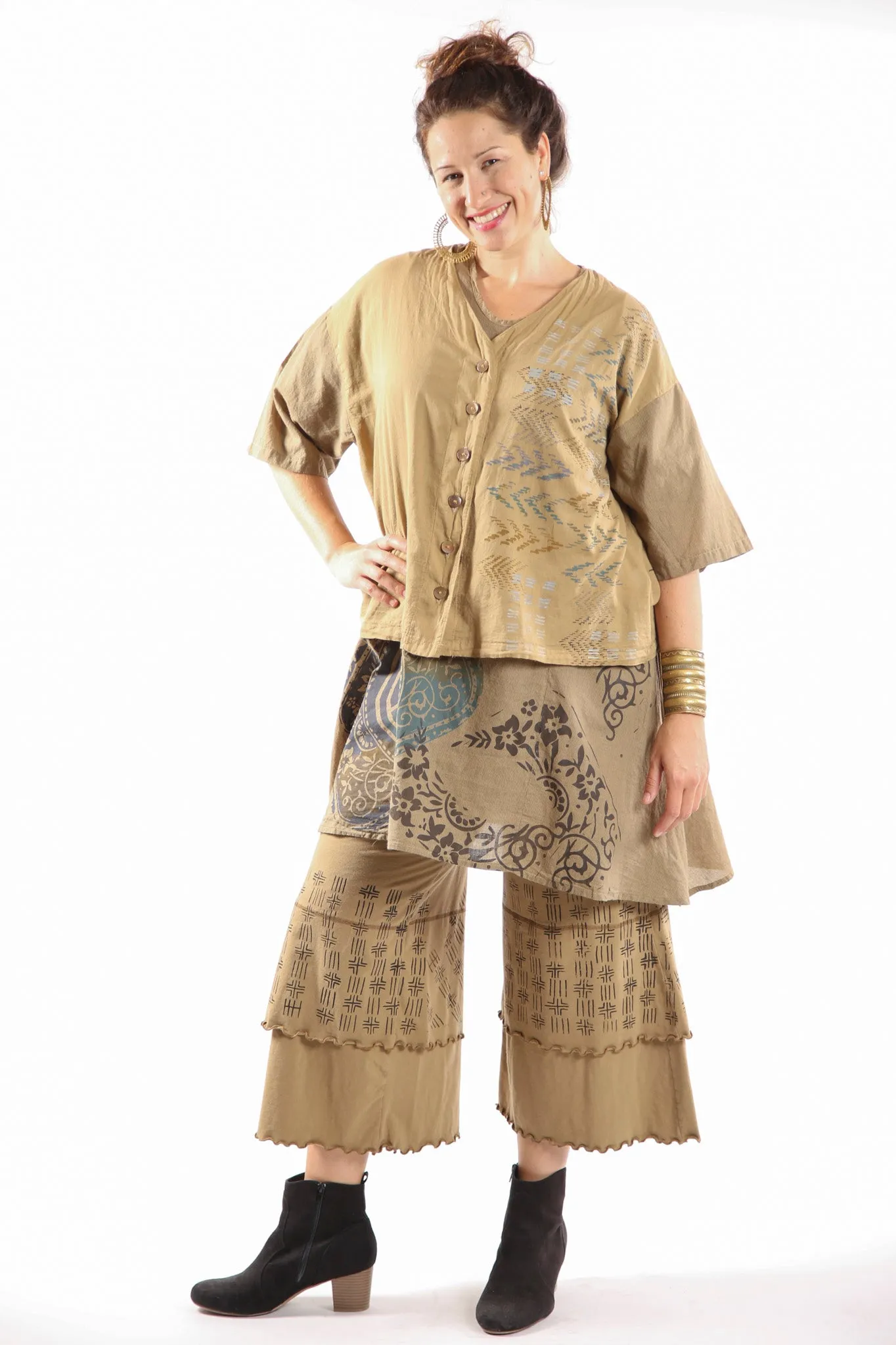 2285- Striped Button Camp Top-Coyote-Printed