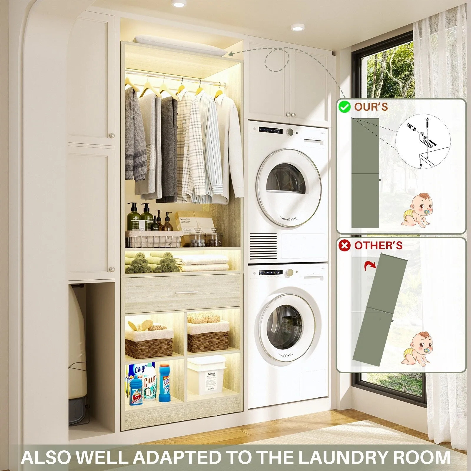 24.5'' W Freestanding Closet System with Wood Drawer and 5 Open Storage Shelves and Hanging Rods,