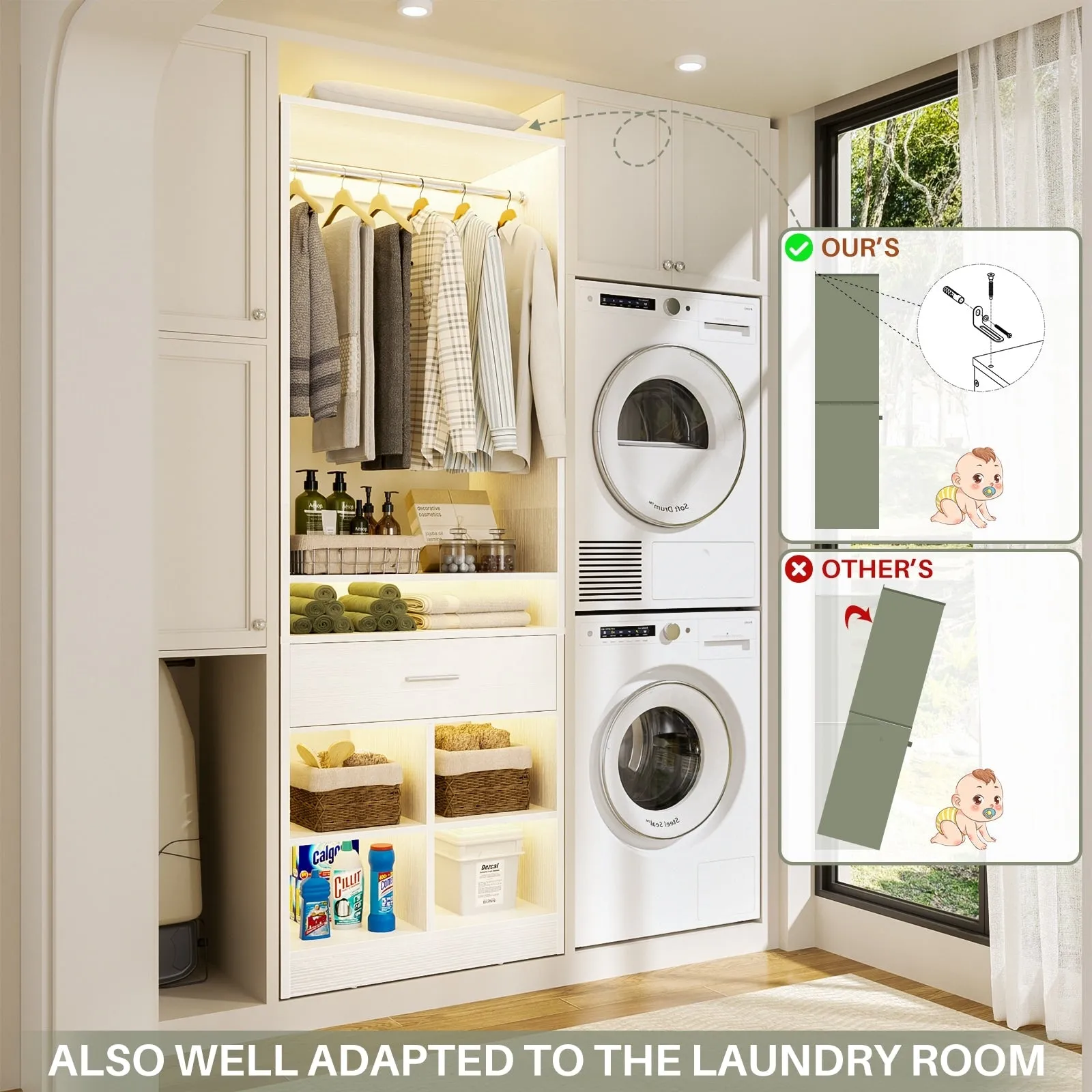 24.5'' W Freestanding Closet System with Wood Drawer and 5 Open Storage Shelves and Hanging Rods,