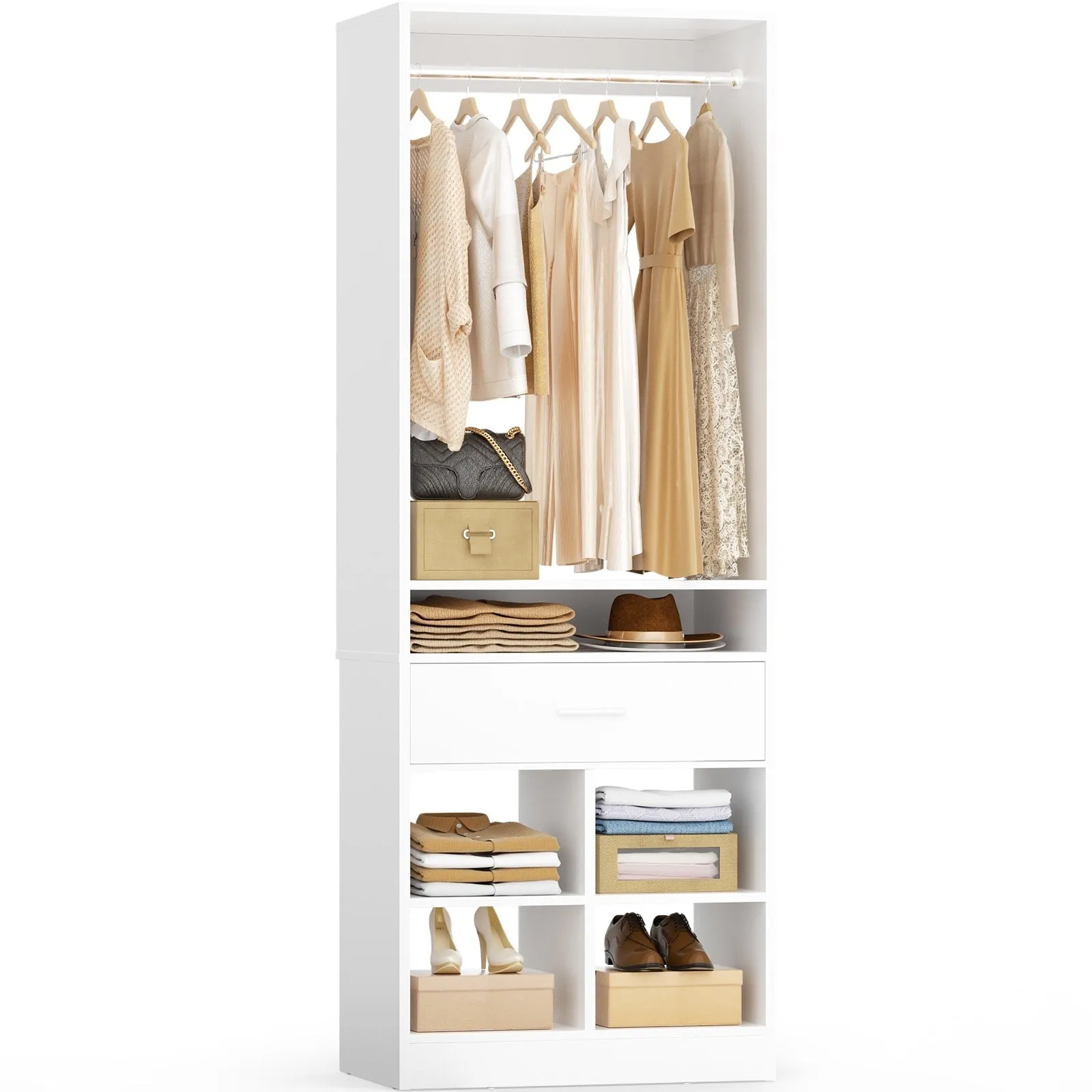 24.5'' W Freestanding Closet System with Wood Drawer and 5 Open Storage Shelves and Hanging Rods,