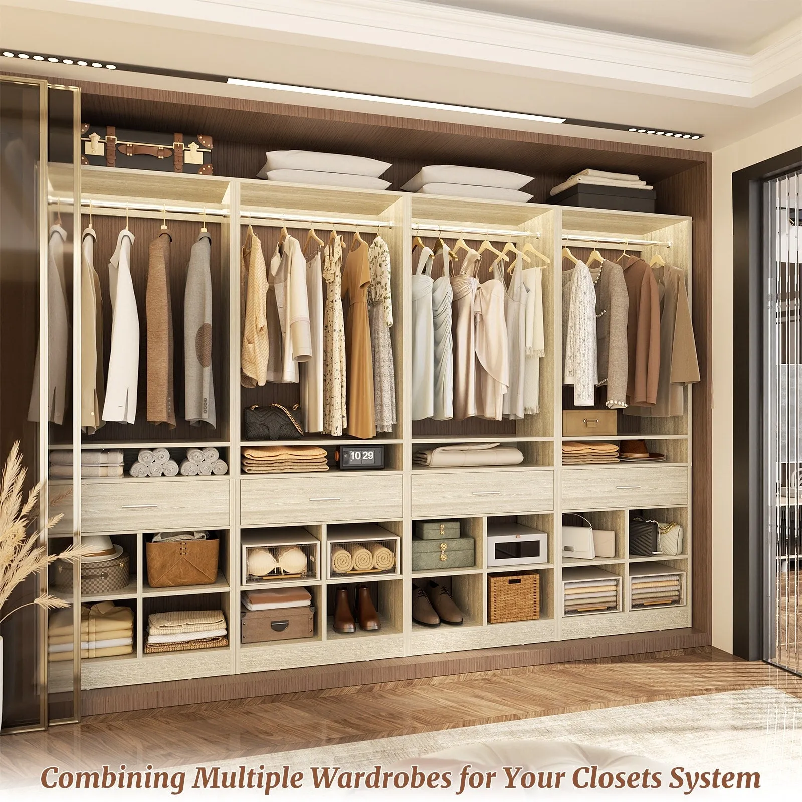 24.5'' W Freestanding Closet System with Wood Drawer and 5 Open Storage Shelves and Hanging Rods,