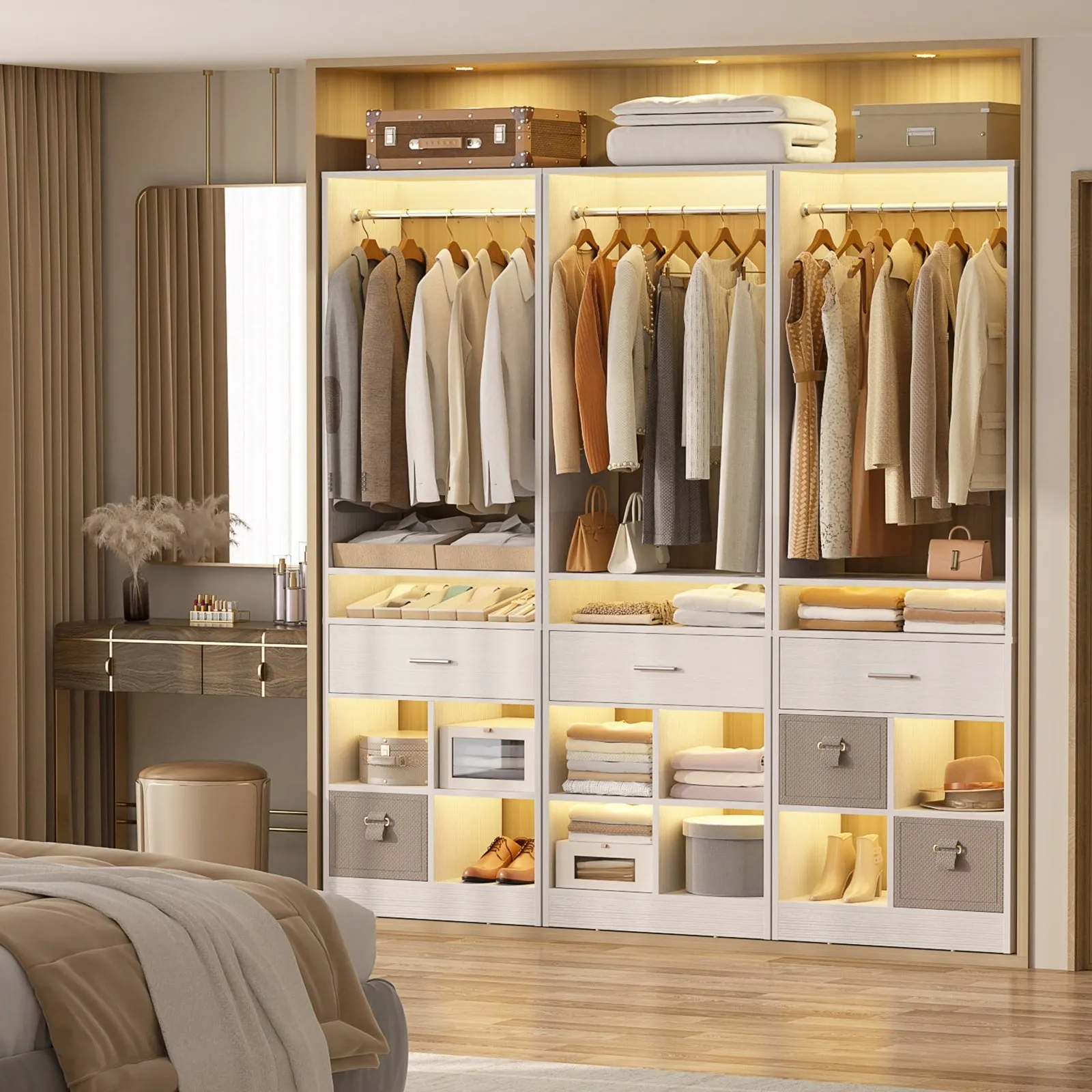 24.5'' W Freestanding Closet System with Wood Drawer and 5 Open Storage Shelves and Hanging Rods,