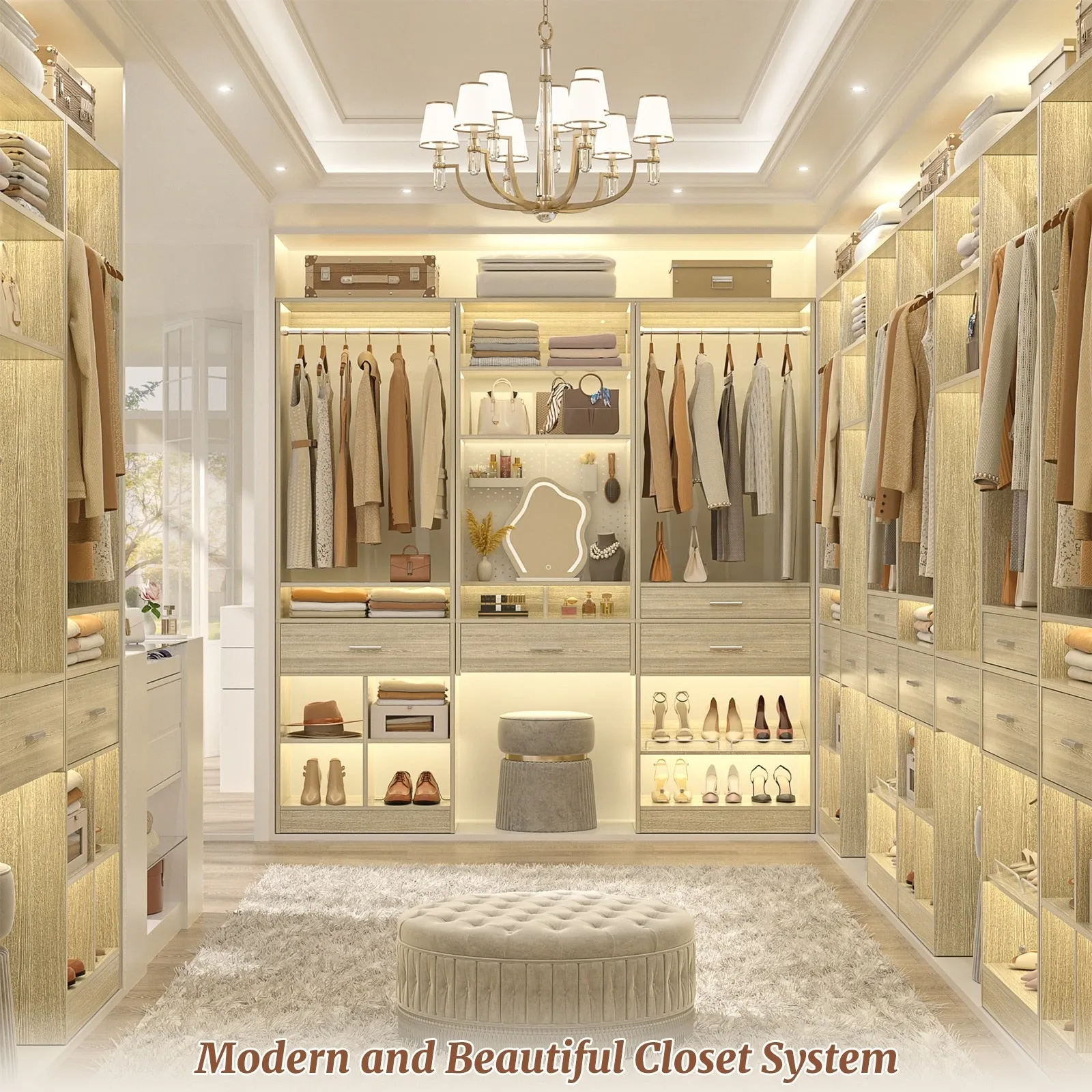 24.5'' W Freestanding Closet System with Wood Drawer and 5 Open Storage Shelves and Hanging Rods,