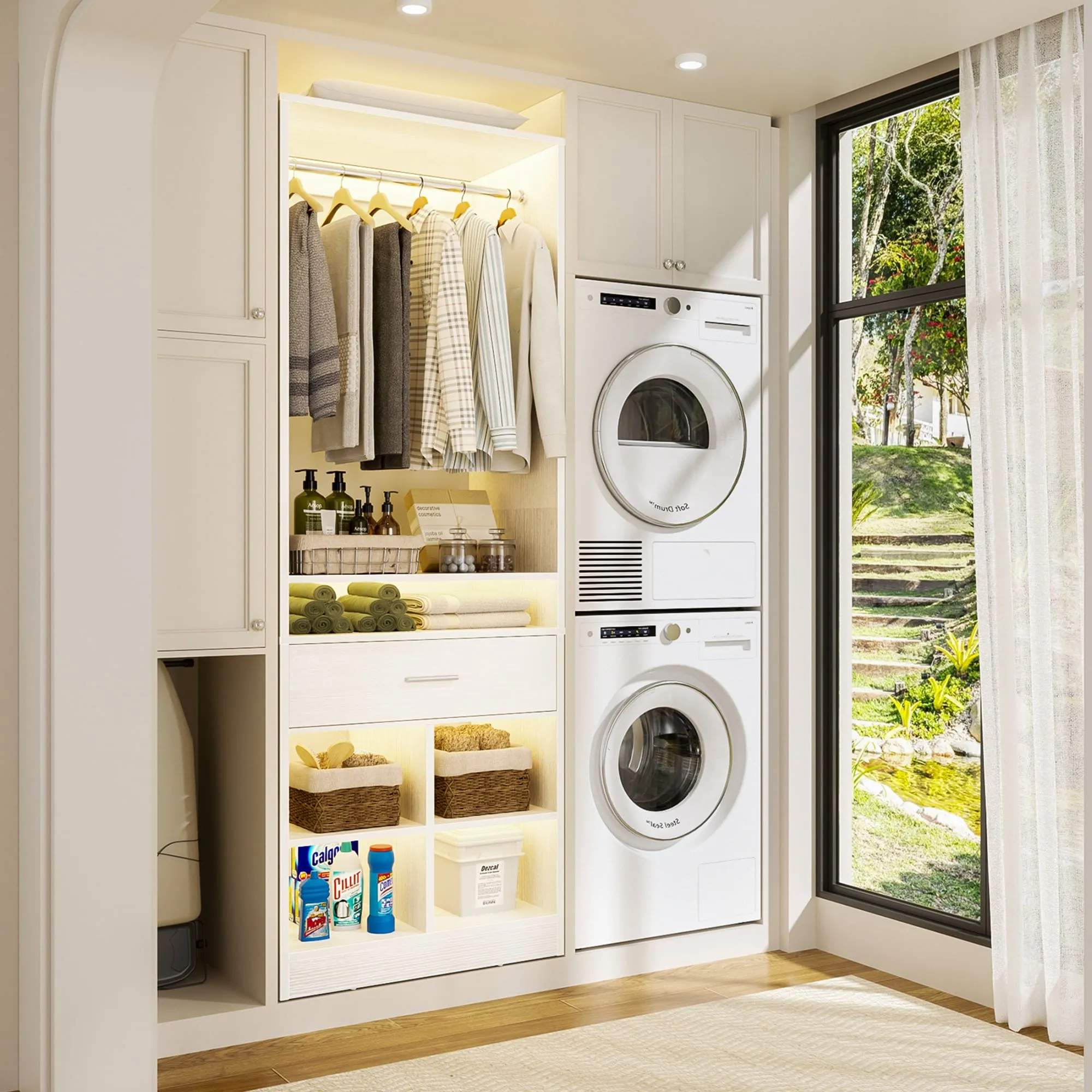 24.5'' W Freestanding Closet System with Wood Drawer and 5 Open Storage Shelves and Hanging Rods,