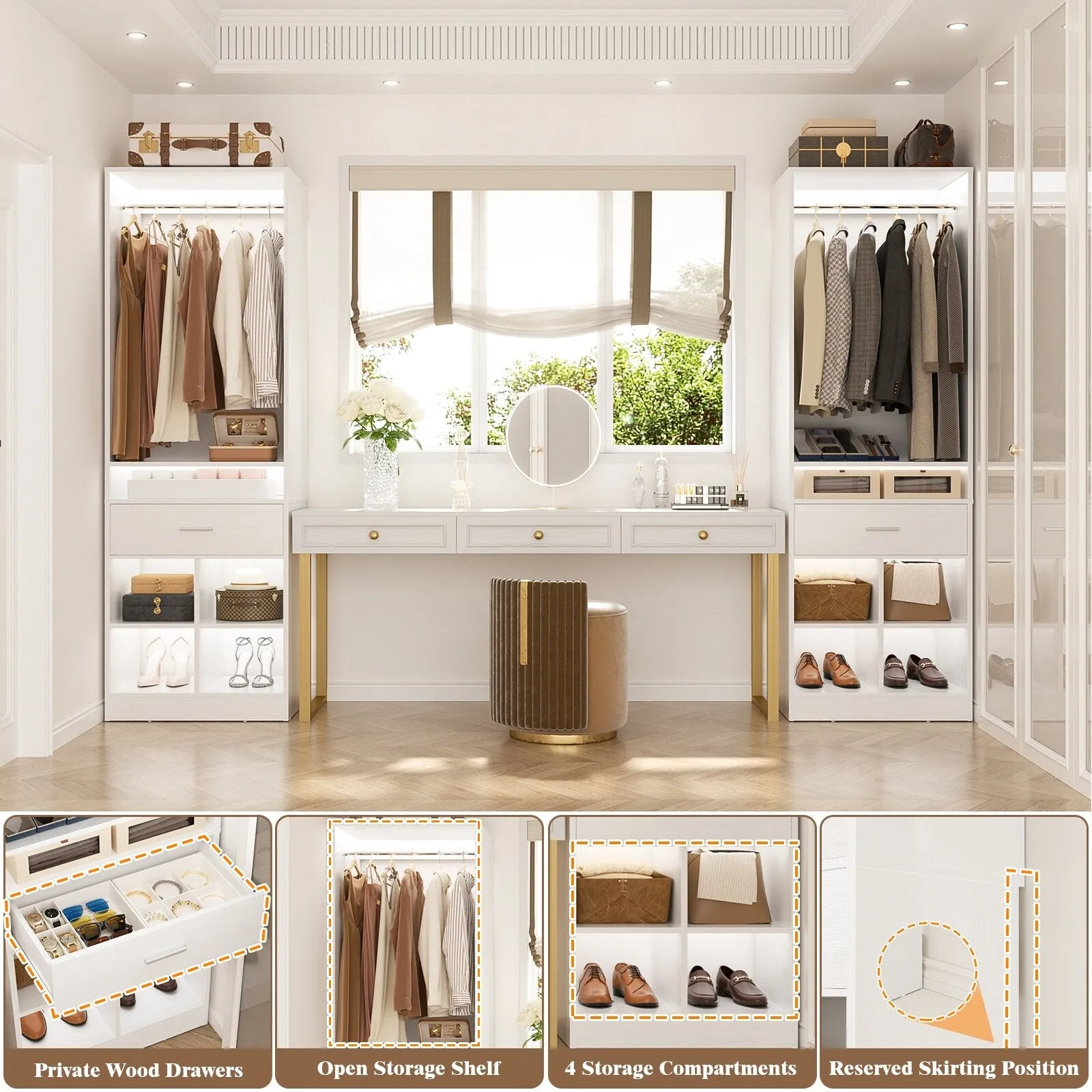 24.5'' W Freestanding Closet System with Wood Drawer and 5 Open Storage Shelves and Hanging Rods,
