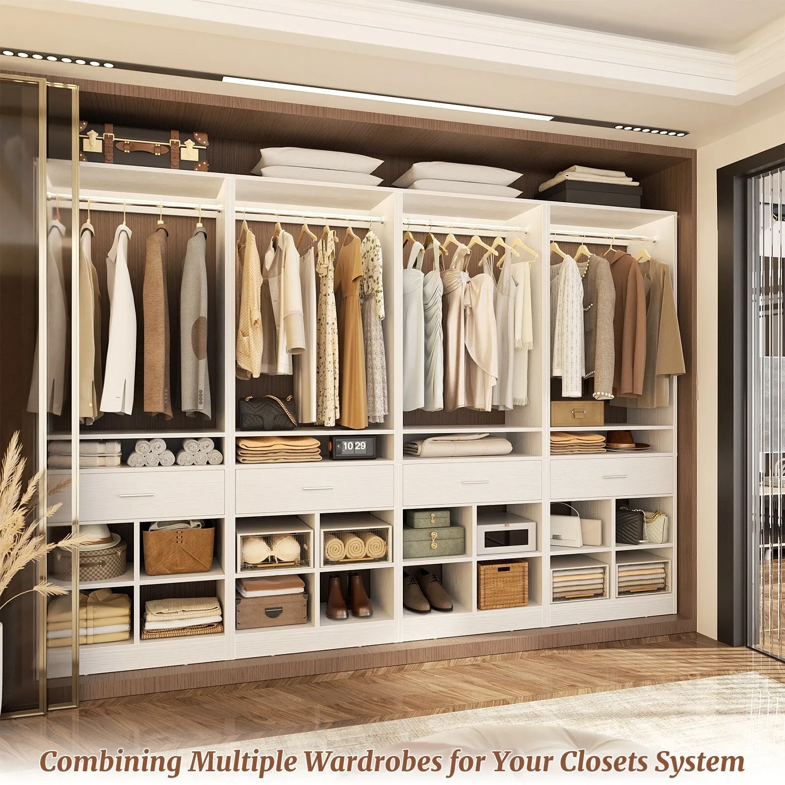 24.5'' W Freestanding Closet System with Wood Drawer and 5 Open Storage Shelves and Hanging Rods,