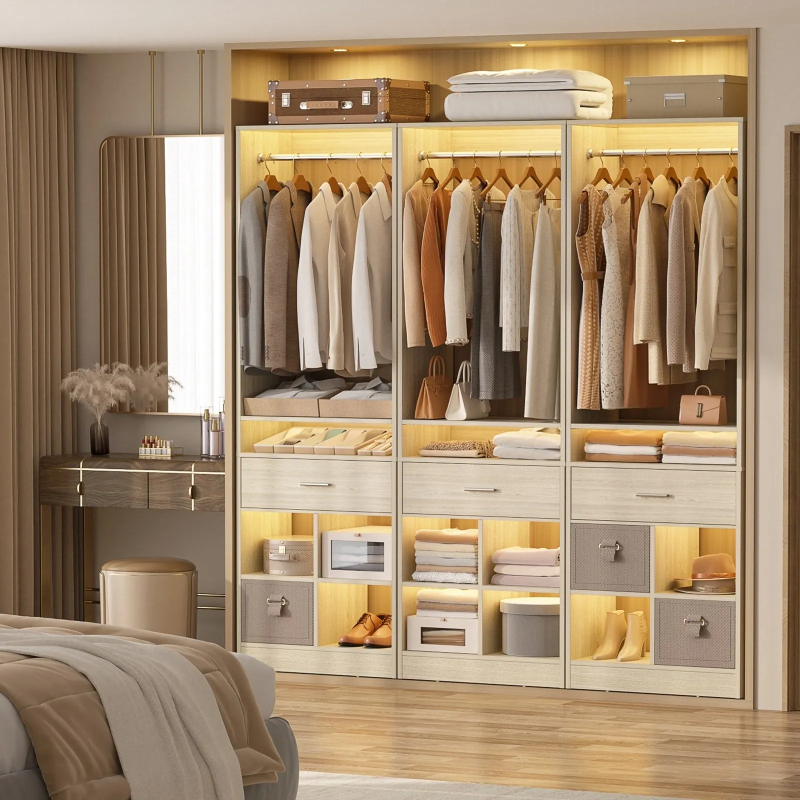 24.5'' W Freestanding Closet System with Wood Drawer and 5 Open Storage Shelves and Hanging Rods,