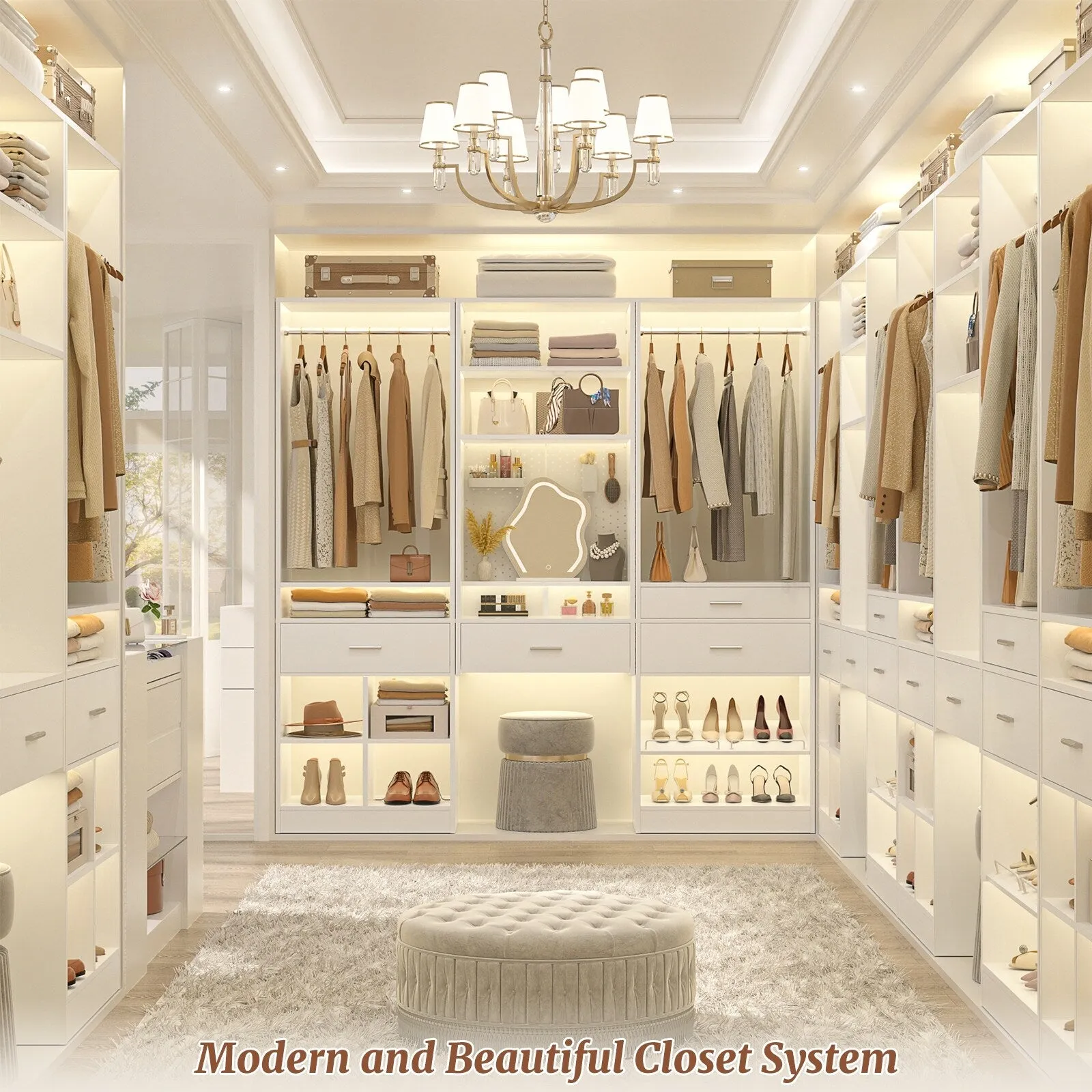 24.5'' W Freestanding Closet System with Wood Drawer and 5 Open Storage Shelves and Hanging Rods,