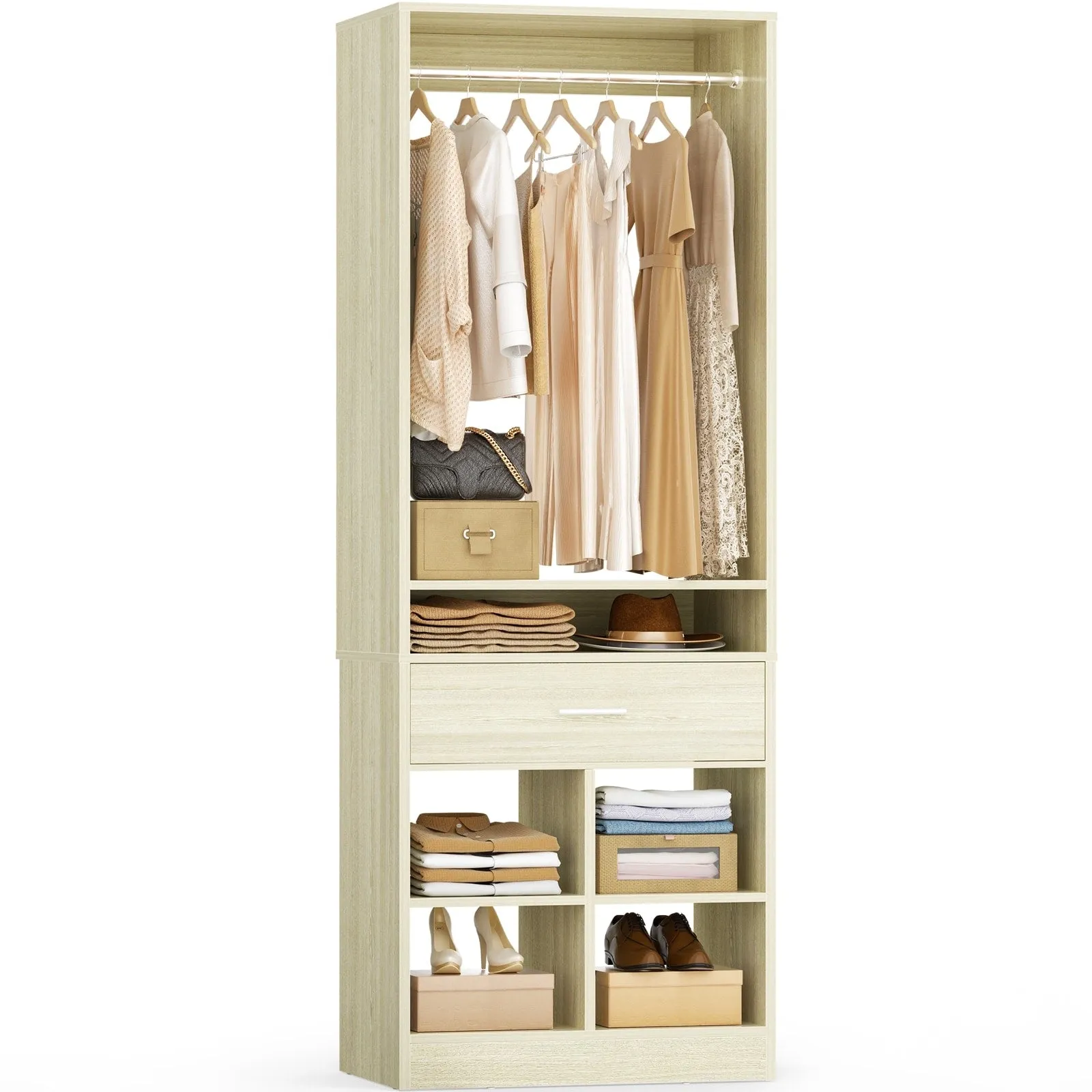 24.5'' W Freestanding Closet System with Wood Drawer and 5 Open Storage Shelves and Hanging Rods,