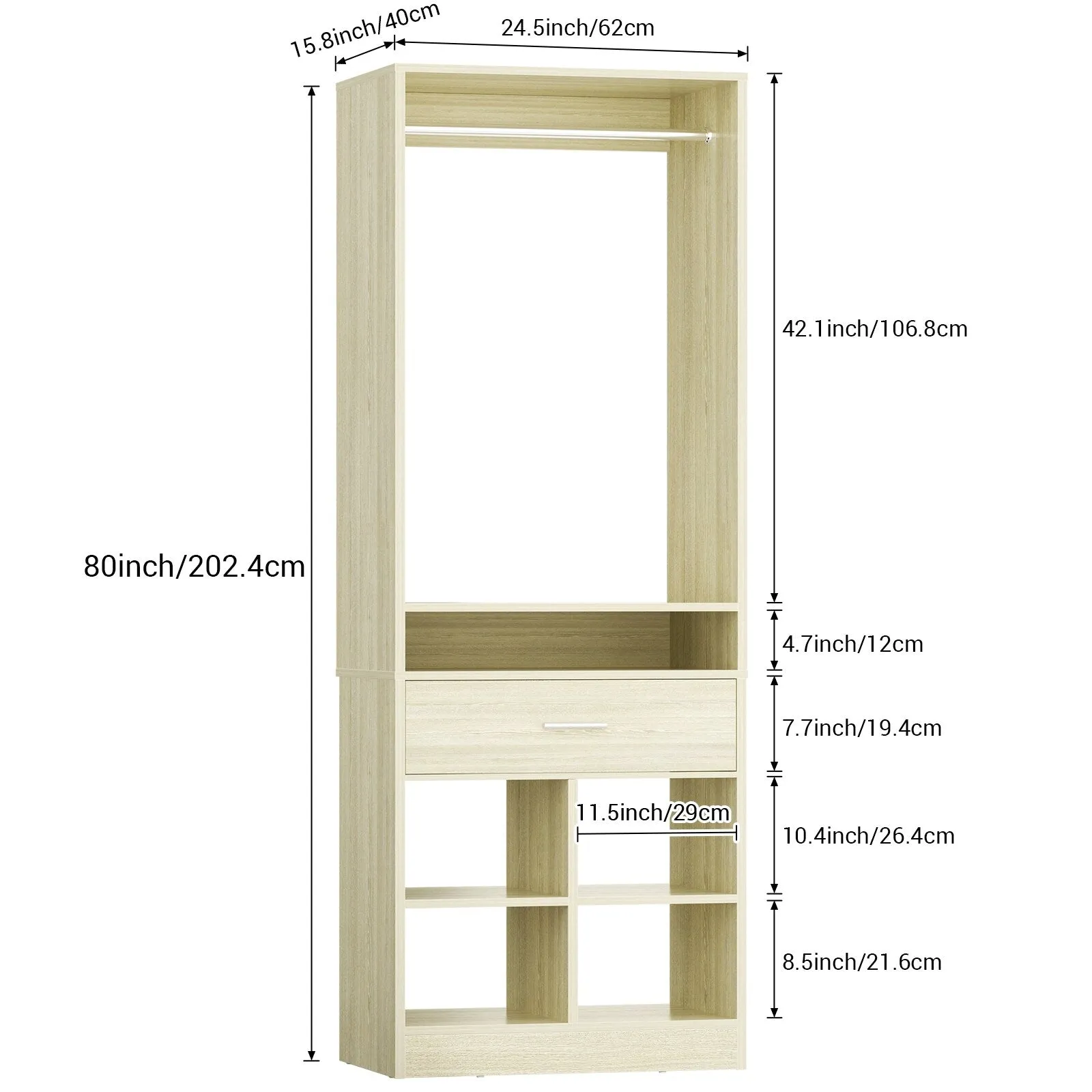 24.5'' W Freestanding Closet System with Wood Drawer and 5 Open Storage Shelves and Hanging Rods,