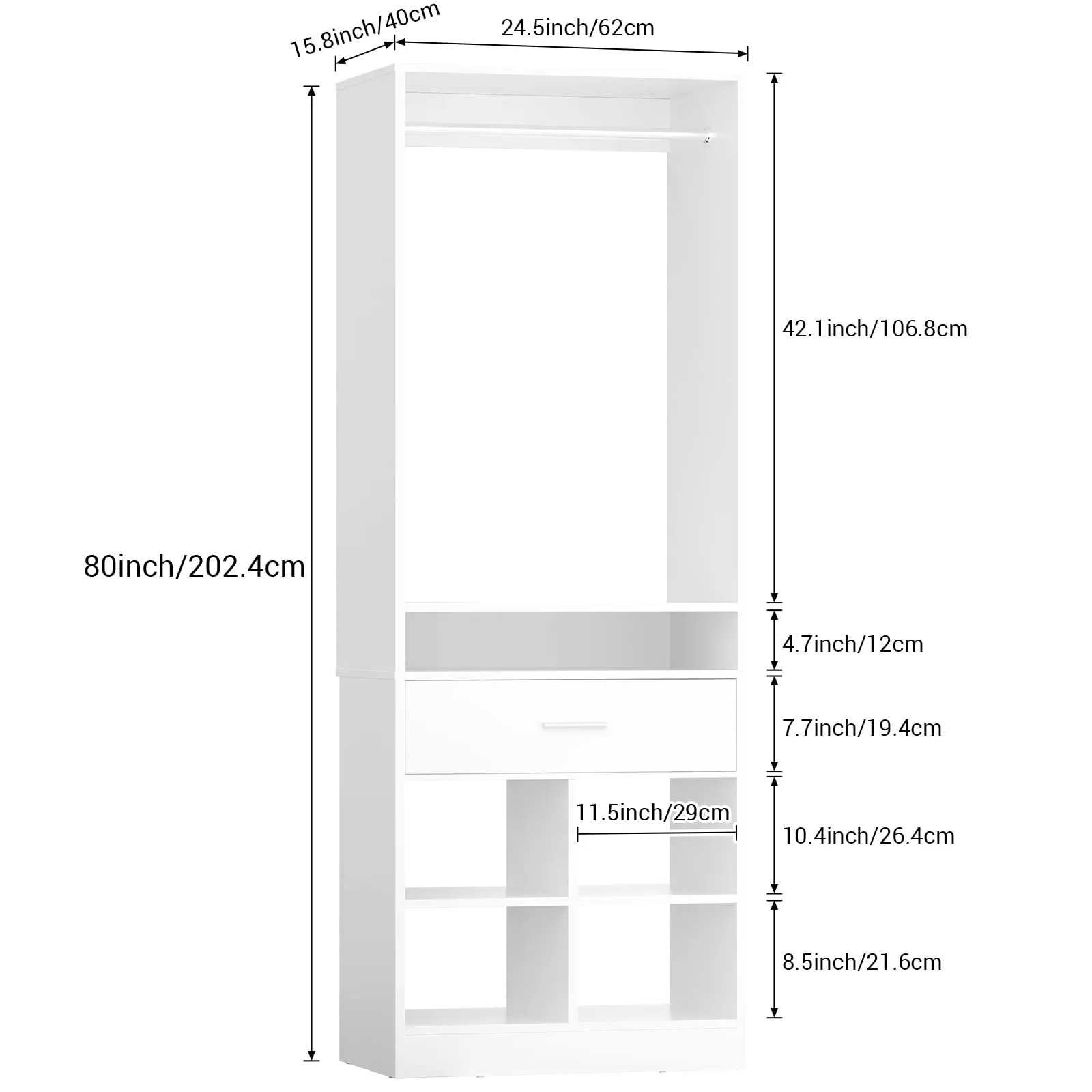 24.5'' W Freestanding Closet System with Wood Drawer and 5 Open Storage Shelves and Hanging Rods,