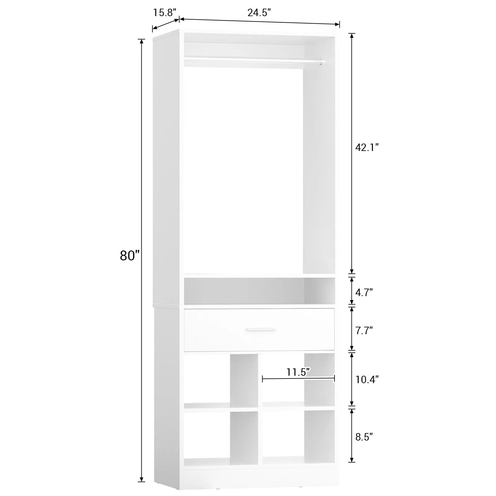 24.5'' W Freestanding Closet System with Wood Drawer and 5 Open Storage Shelves and Hanging Rods,