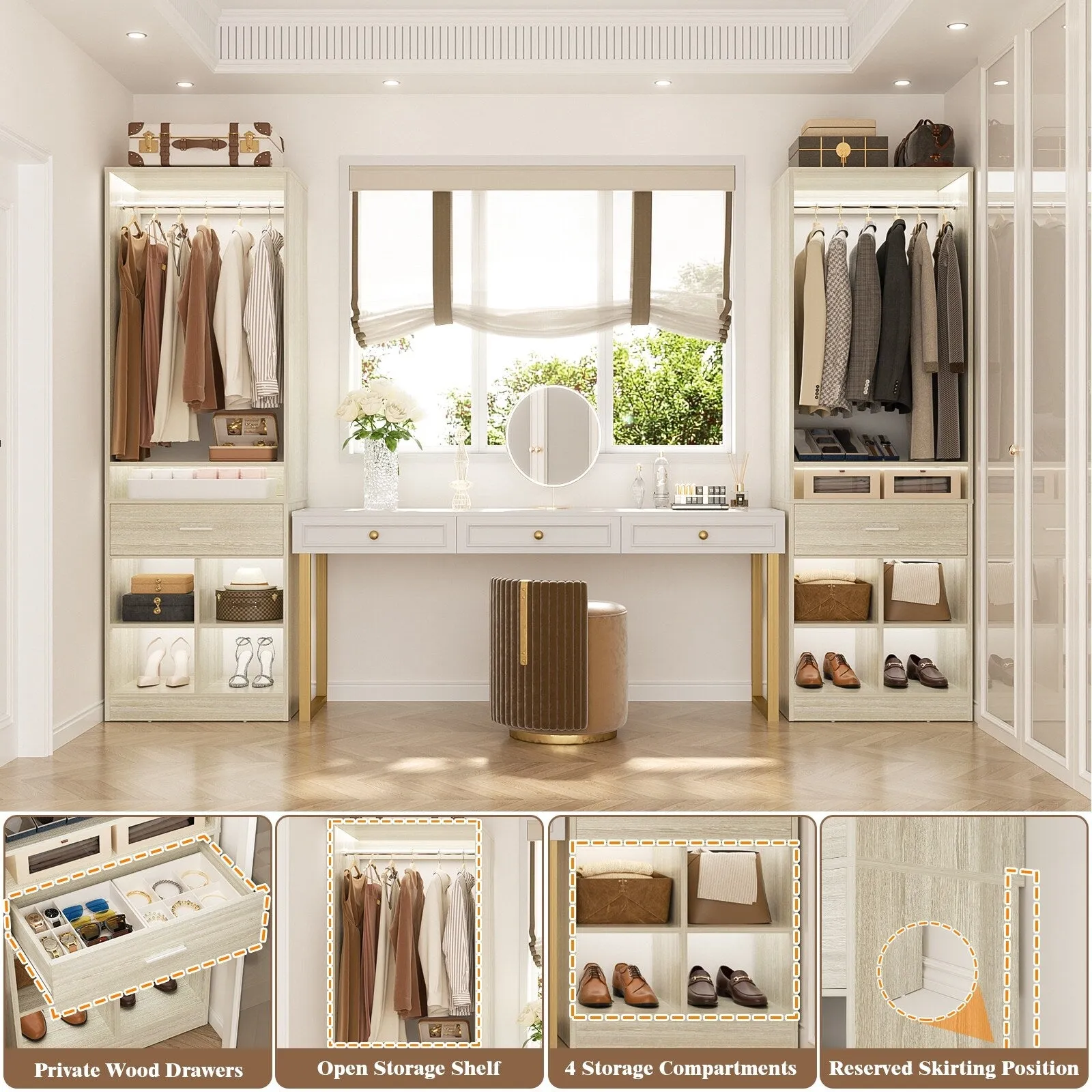 24.5'' W Freestanding Closet System with Wood Drawer and 5 Open Storage Shelves and Hanging Rods,