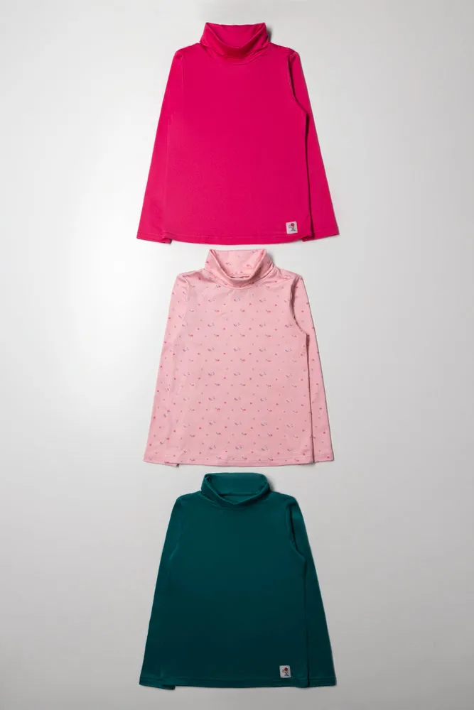 3 Pack Floral Polonecks Pink And Green