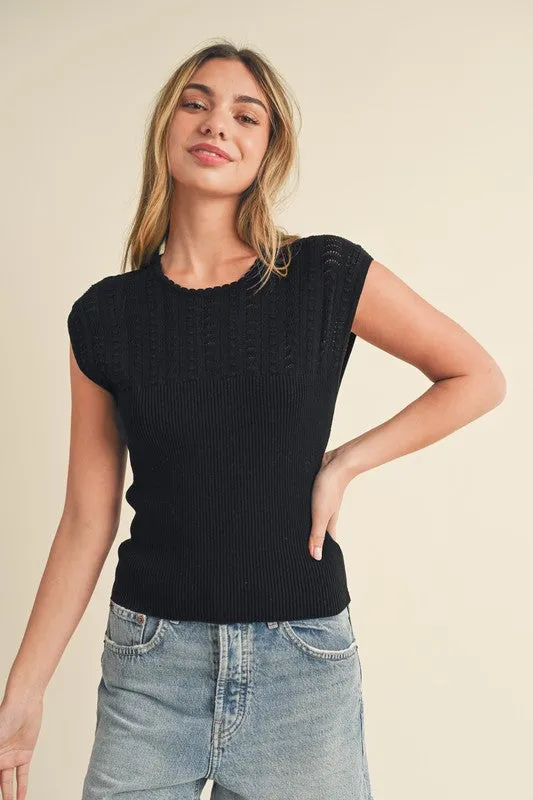 Aemi   Co Openwork Round Neck Cap Sleeve Knit Top