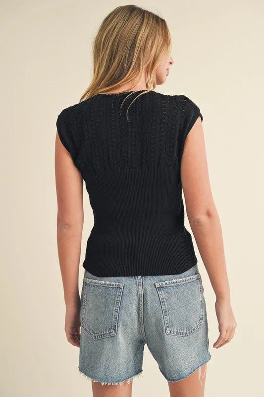 Aemi   Co Openwork Round Neck Cap Sleeve Knit Top