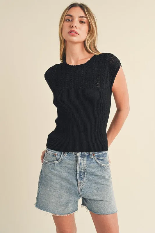 Aemi   Co Openwork Round Neck Cap Sleeve Knit Top