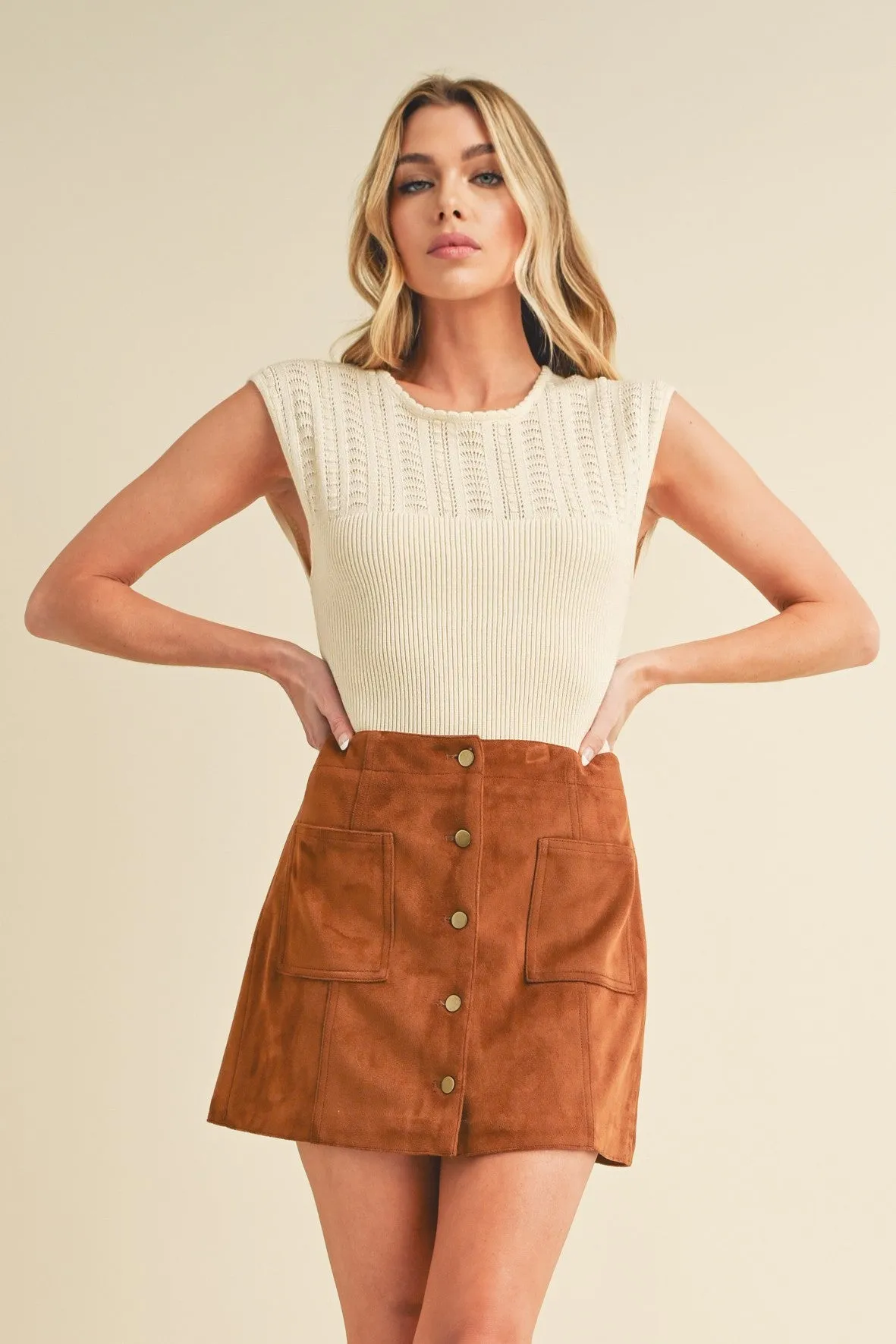 Aemi   Co Openwork Round Neck Cap Sleeve Knit Top