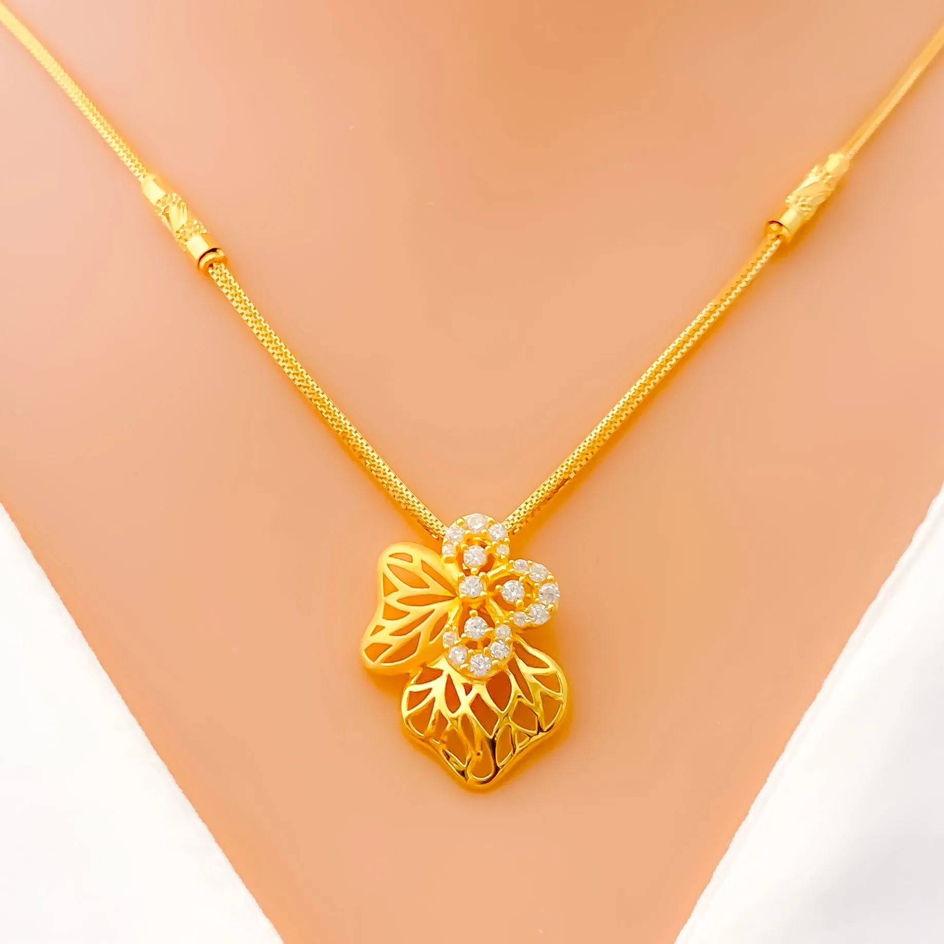 Asymmetrical Floral 22k Gold CZ Necklace Set