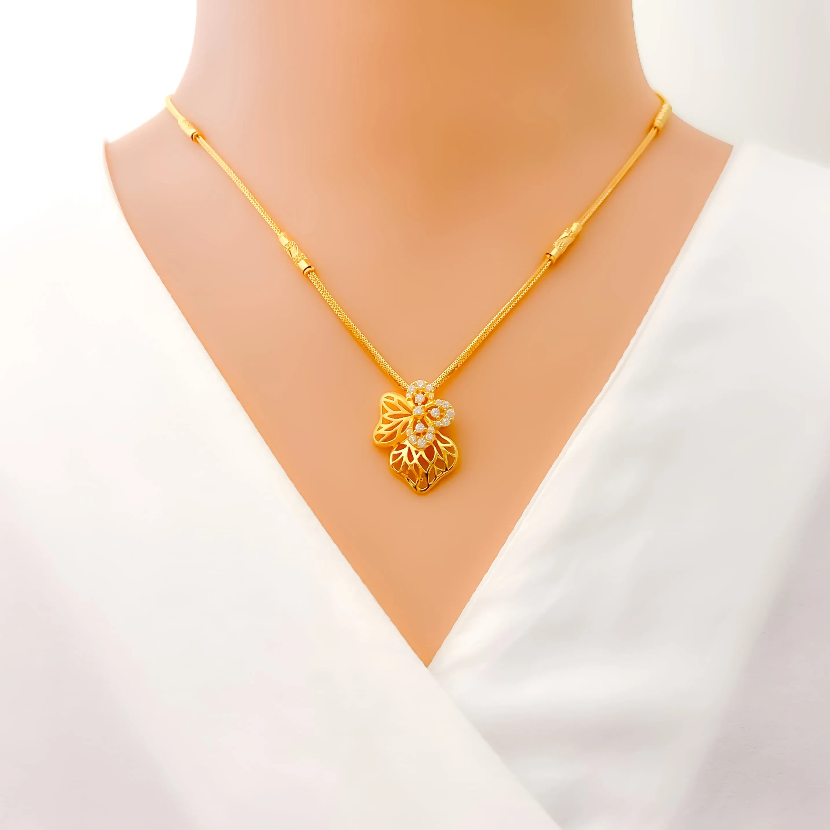 Asymmetrical Floral 22k Gold CZ Necklace Set