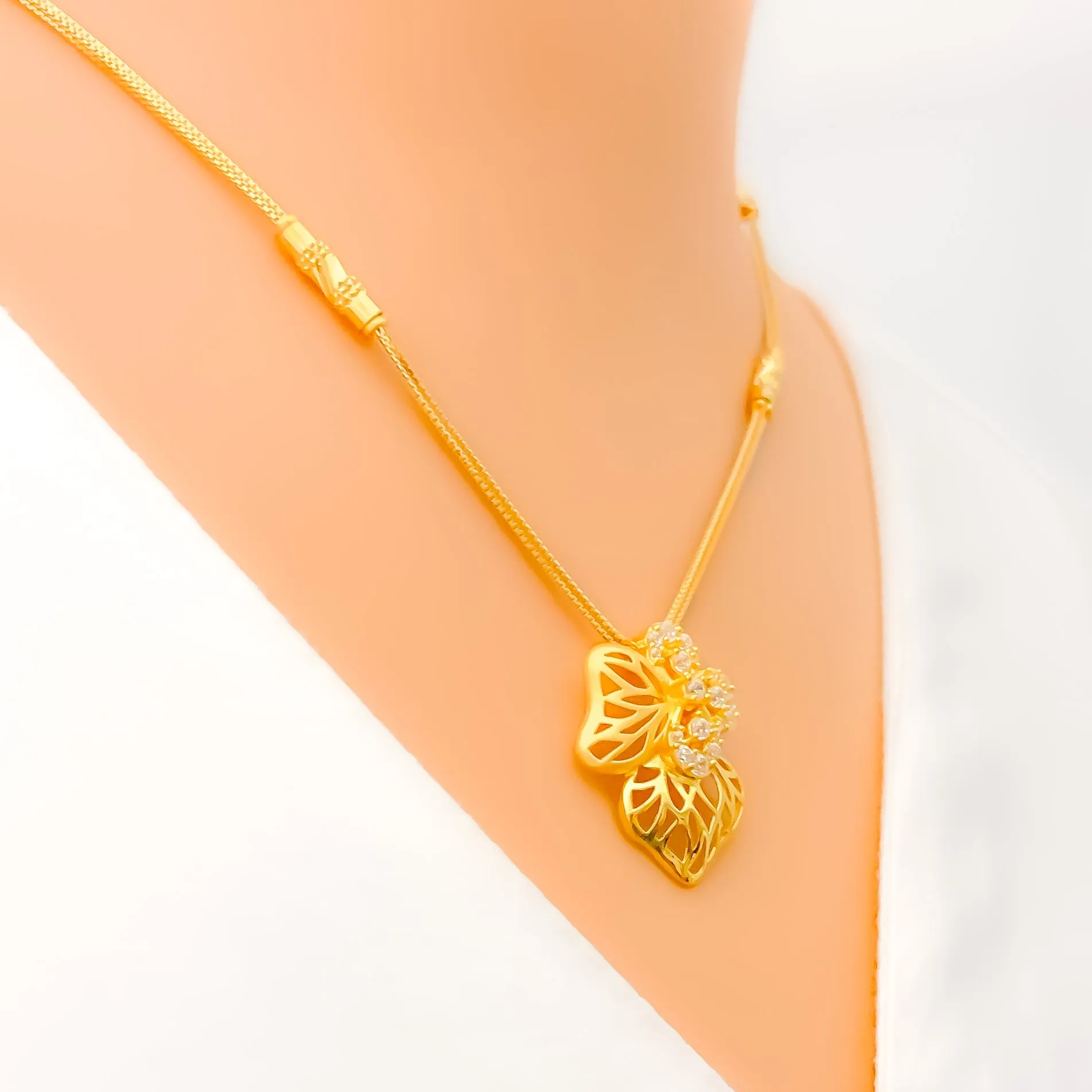 Asymmetrical Floral 22k Gold CZ Necklace Set
