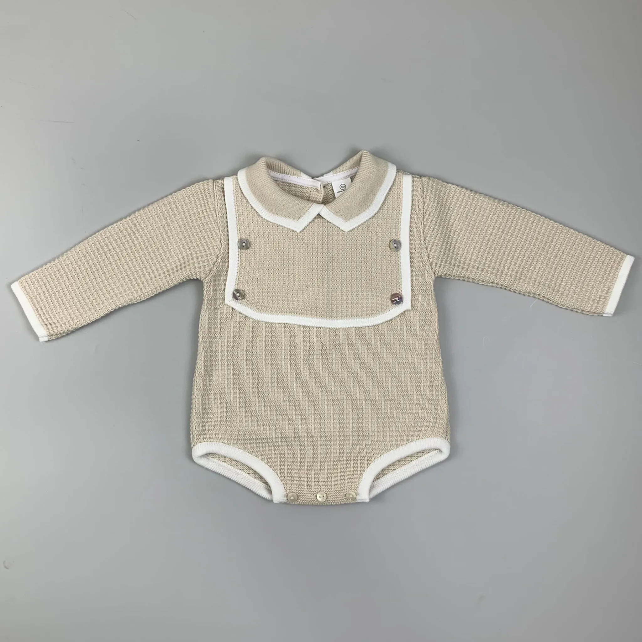 Baby Boy Knitted Romper - Long Sleeves - Beige