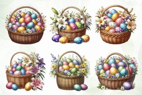 Beautiful 12 Easter Egg Baskets PLUS 16 Easter Bunnies DIY PNG Digital Sublimation Clipart Use for Junk Journal Scrapbooks Wall decor etc