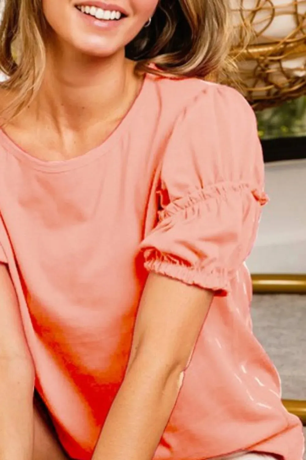 BiBi Cotton Span Shrring Detailed Round Neck Top