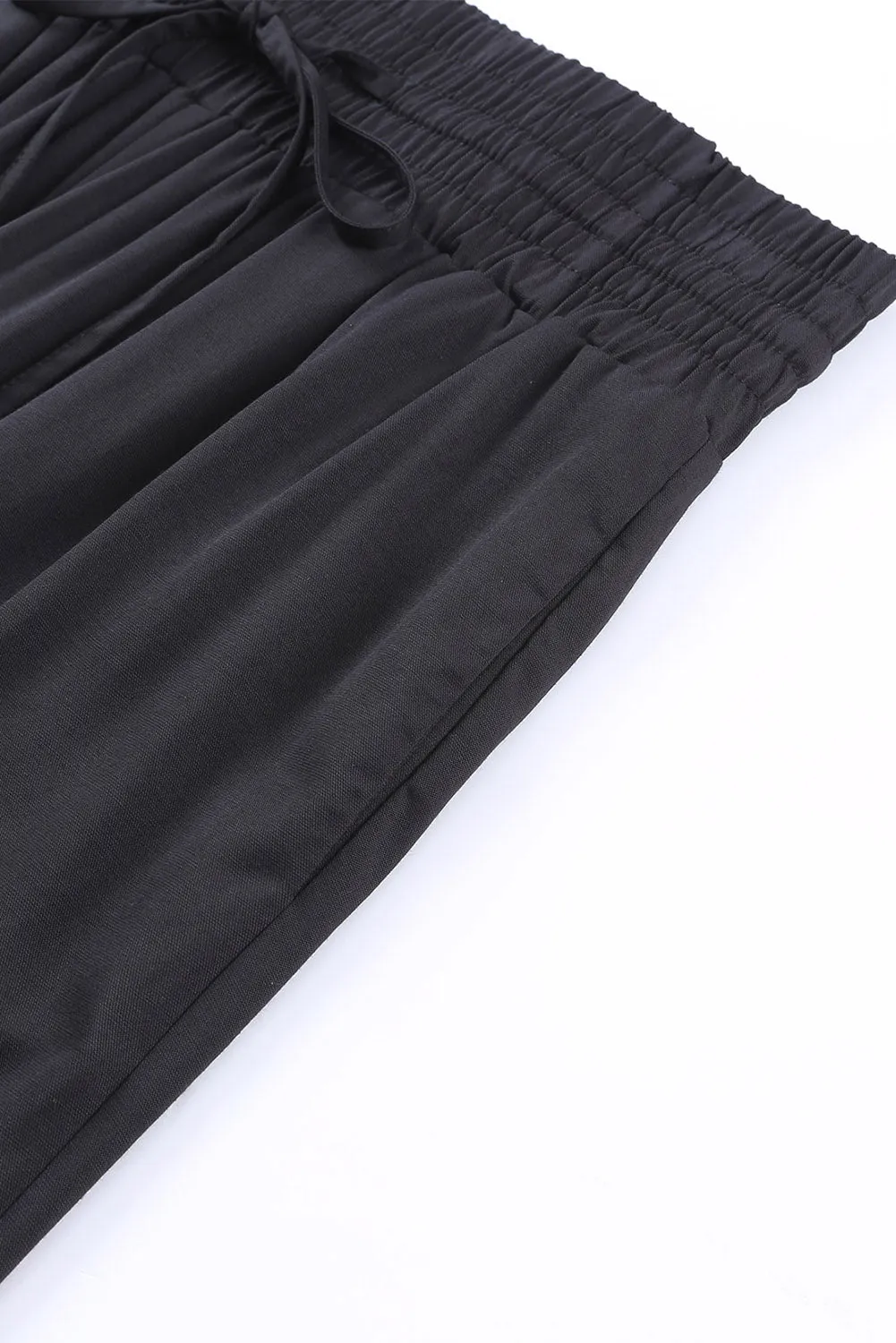 Black Drawstring Elastic Waist Casual Wide Leg Pants