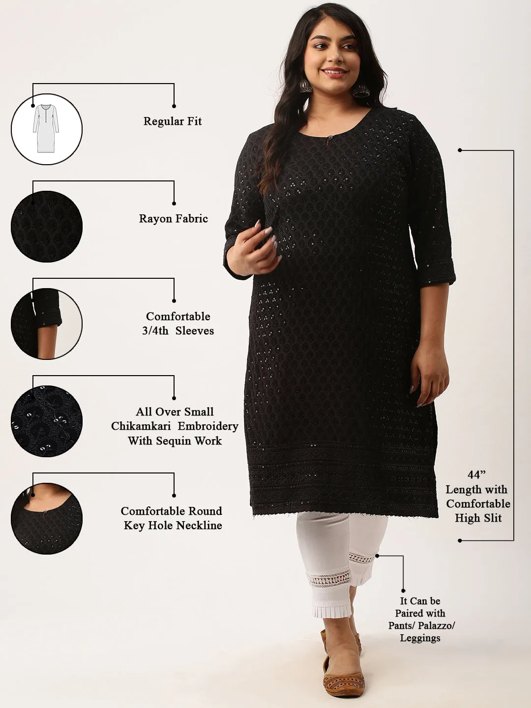 Black Rayon Keyhole Neck 3/4th Sleeves Chikankari Embroidery Ethnic Wear Kurta For Women - ZOLA