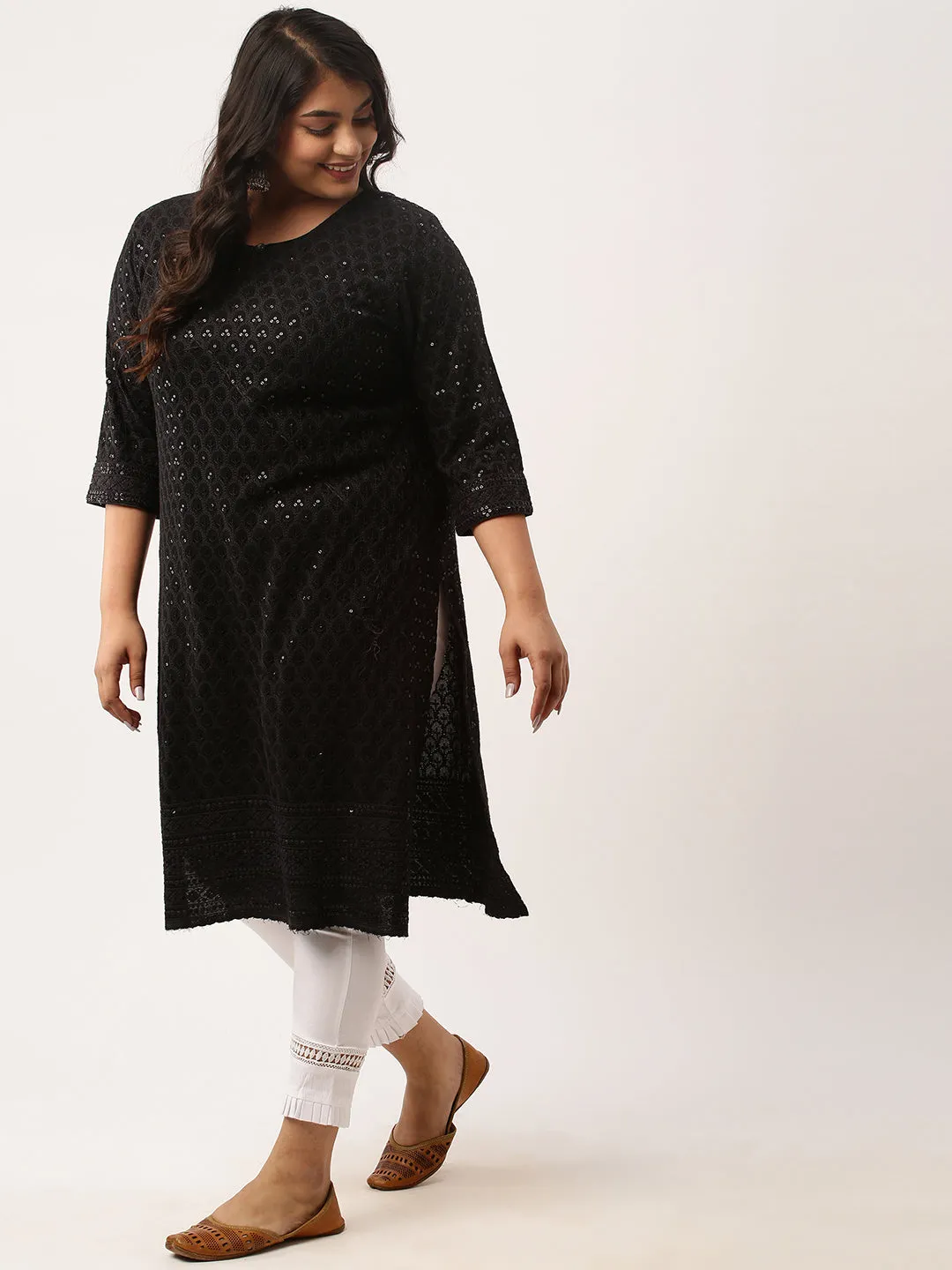 Black Rayon Keyhole Neck 3/4th Sleeves Chikankari Embroidery Ethnic Wear Kurta For Women - ZOLA