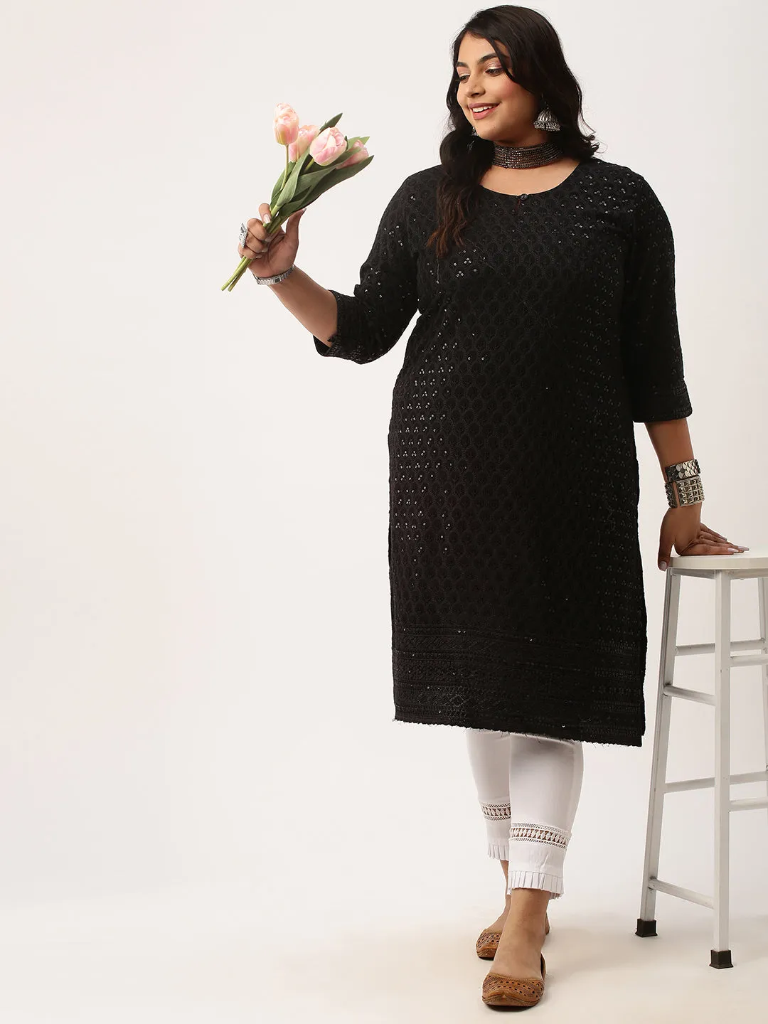 Black Rayon Keyhole Neck 3/4th Sleeves Chikankari Embroidery Ethnic Wear Kurta For Women - ZOLA