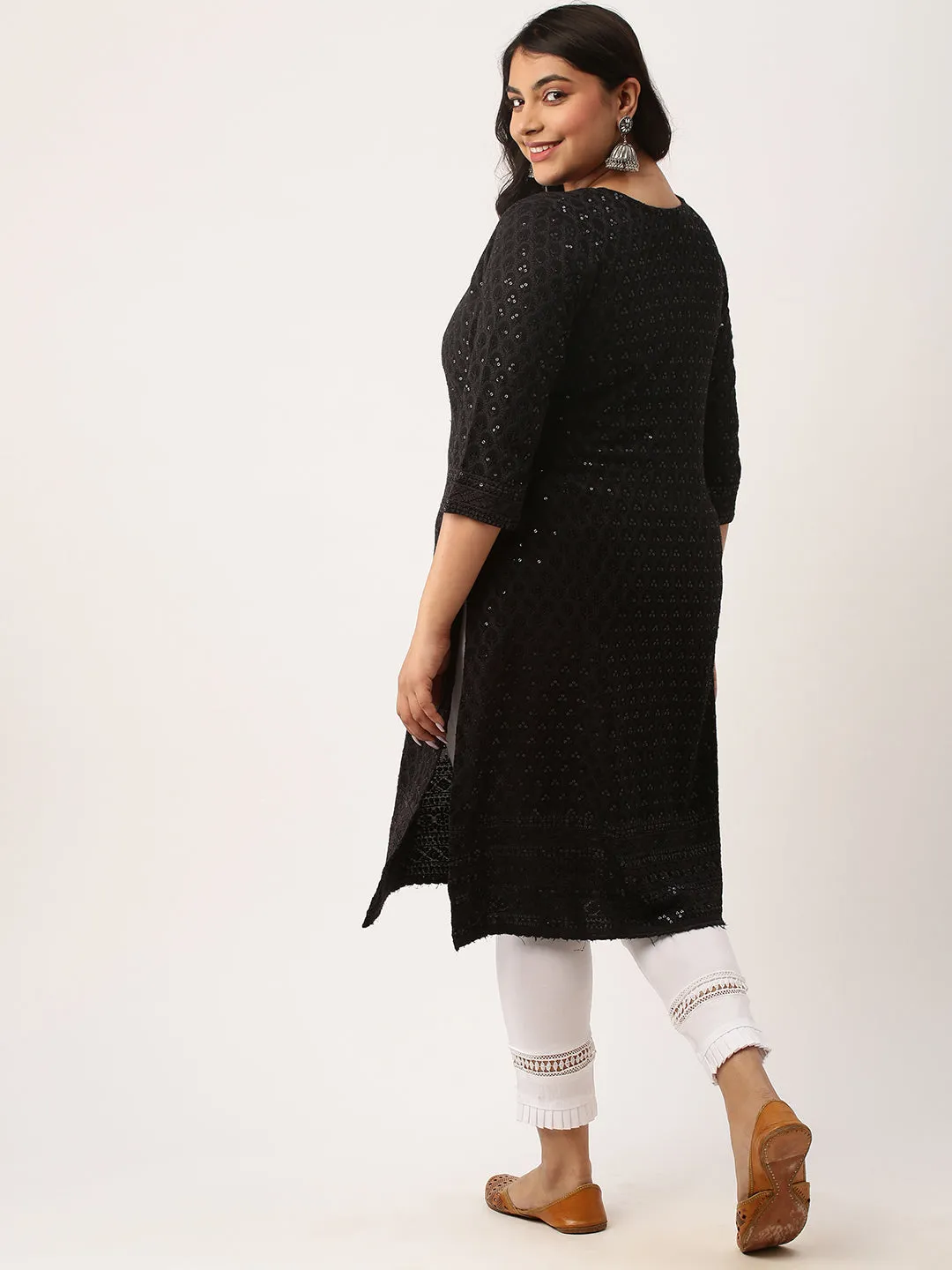 Black Rayon Keyhole Neck 3/4th Sleeves Chikankari Embroidery Ethnic Wear Kurta For Women - ZOLA