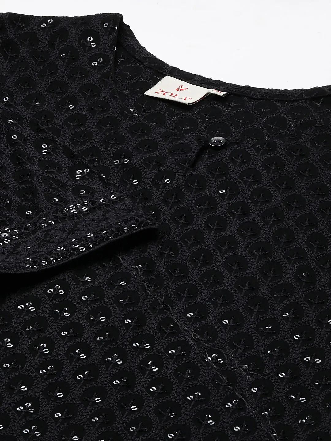 Black Rayon Keyhole Neck 3/4th Sleeves Chikankari Embroidery Ethnic Wear Kurta For Women - ZOLA