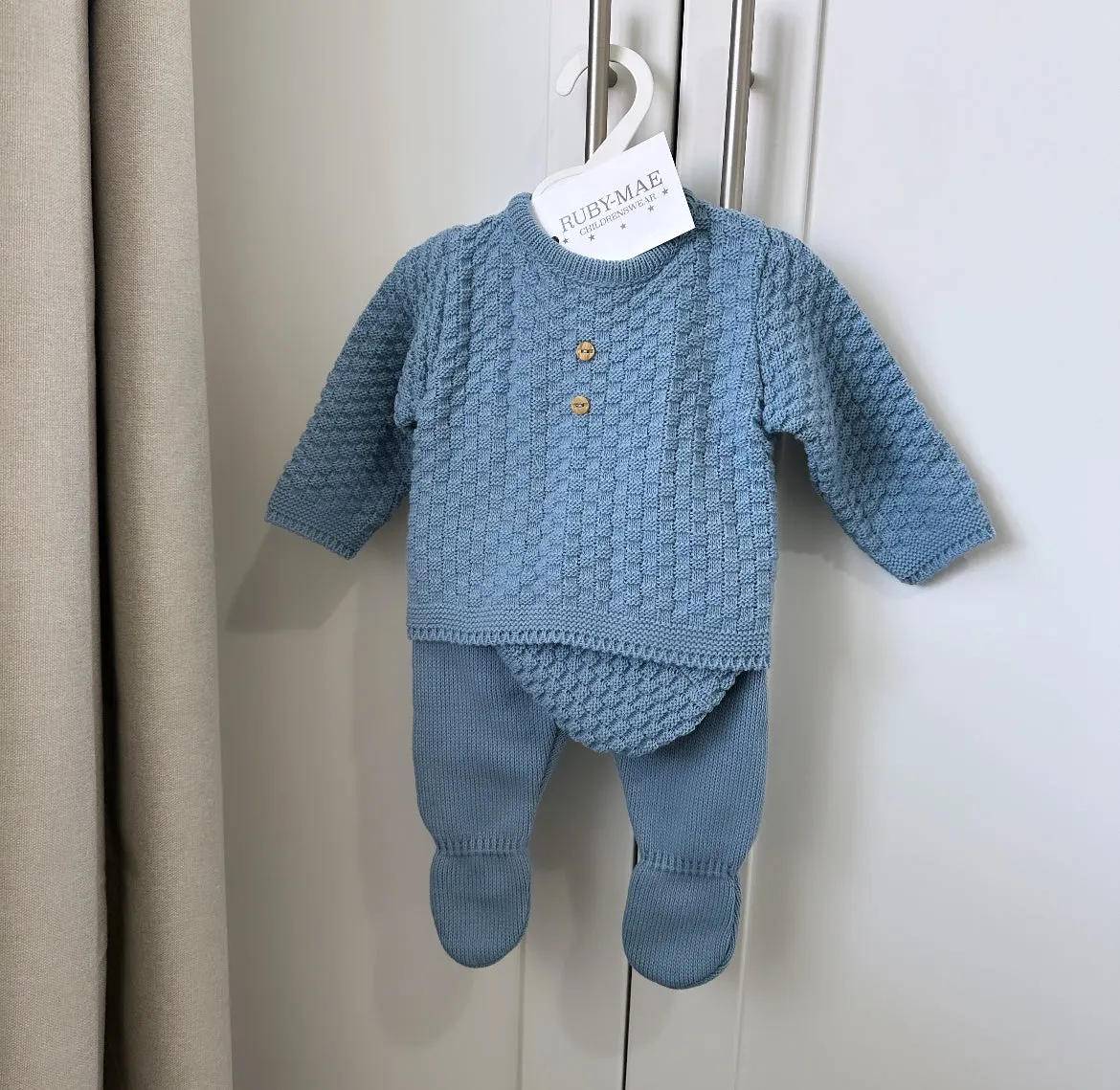 Blue Knitted Jumper & Pants Outfit With Matching Hat - Jacob