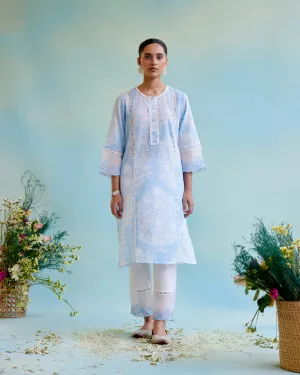 Blue Lily Hand Block Kurta with Lace Detailing 
and Embroidered Sleeves with Narrow Pants