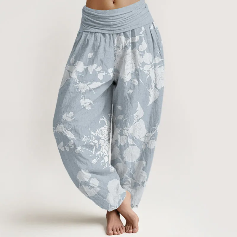 Buddha Stones Blooming Budding Flowers Pattern Women's Elastic Waist Harem Pants