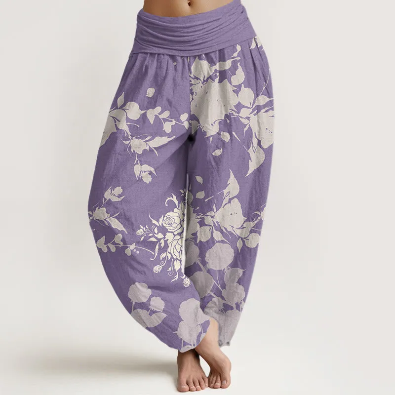 Buddha Stones Blooming Budding Flowers Pattern Women's Elastic Waist Harem Pants