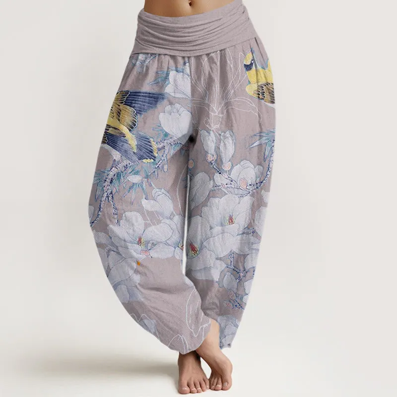 Buddha Stones Casual Magnolia Yellow Bird Women's Elastic Waist Harem Pants