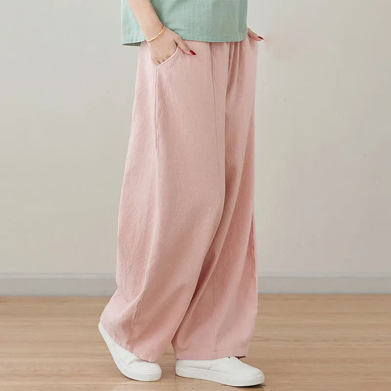 Buddha Stones Casual Plain Loose Rope Women's Cotton Linen Pants With Pockets