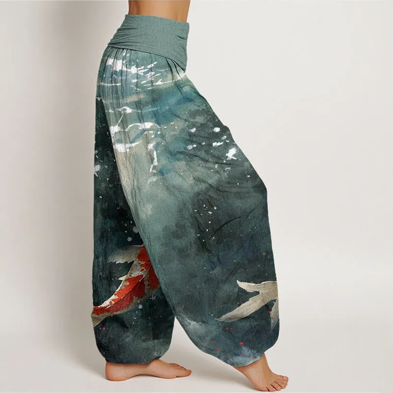Buddha Stones Colorful Koi Fish Ocean Design Women's Elastic Waist Harem Pants