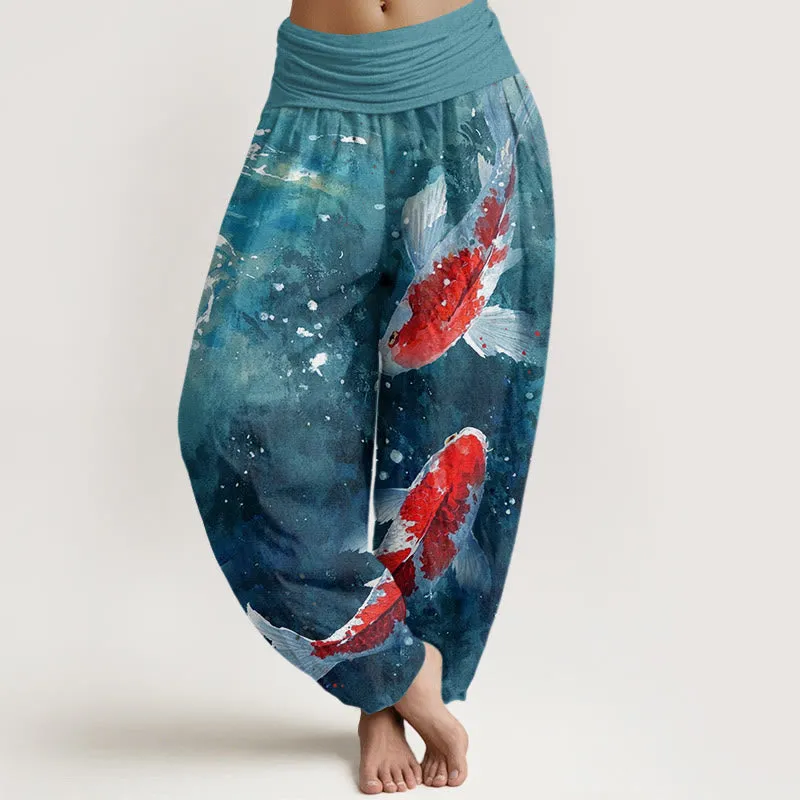 Buddha Stones Colorful Koi Fish Ocean Design Women's Elastic Waist Harem Pants