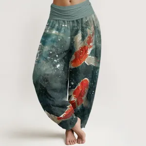 Buddha Stones Colorful Koi Fish Ocean Design Women's Elastic Waist Harem Pants
