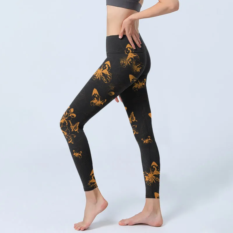 Buddha Stones Dark Grey Butterflies Peony Flowers Print Gym Leggings Women's Yoga Pants