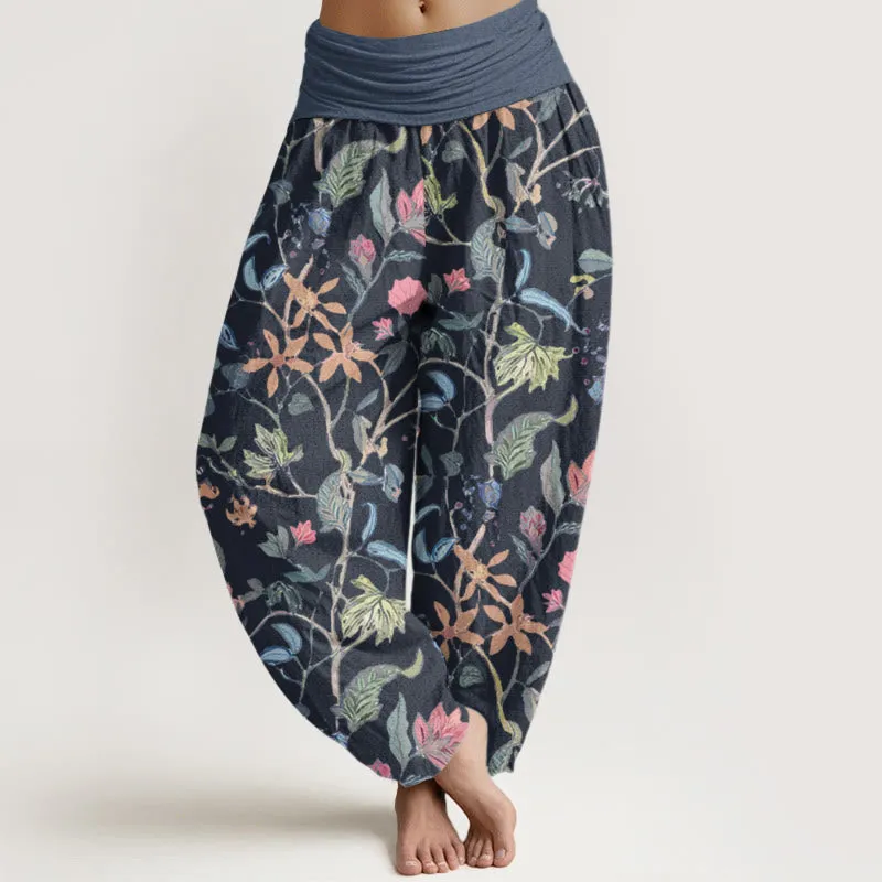 Buddha Stones Floral Leaf Vine Design Women's Elastic Waist Harem Pants