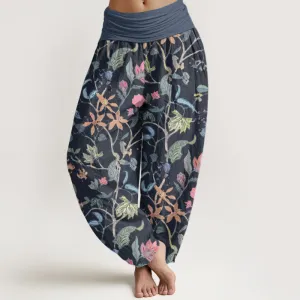 Buddha Stones Floral Leaf Vine Design Women's Elastic Waist Harem Pants