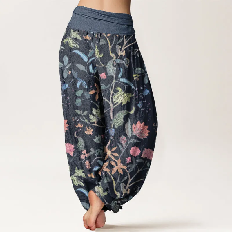 Buddha Stones Floral Leaf Vine Design Women's Elastic Waist Harem Pants