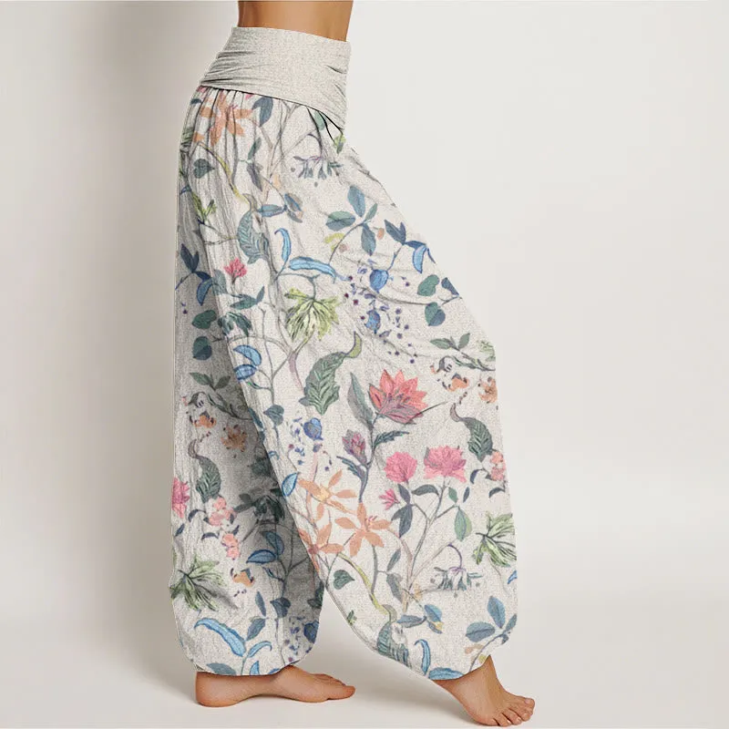 Buddha Stones Floral Leaf Vine Design Women's Elastic Waist Harem Pants
