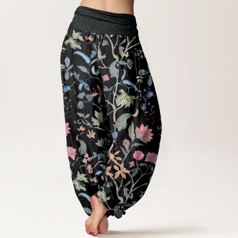 Buddha Stones Floral Leaf Vine Design Women's Elastic Waist Harem Pants