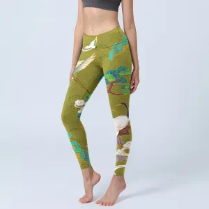 Buddha Stones Flying Cranes Auspicious Clouds Trees Print Gym Leggings Women's Yoga Pants